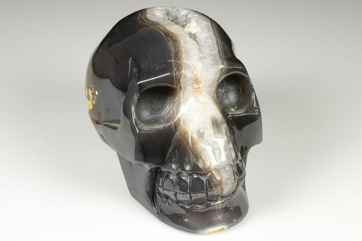 Polished Banded Agate Skull with Quartz Crystal Pocket #190459